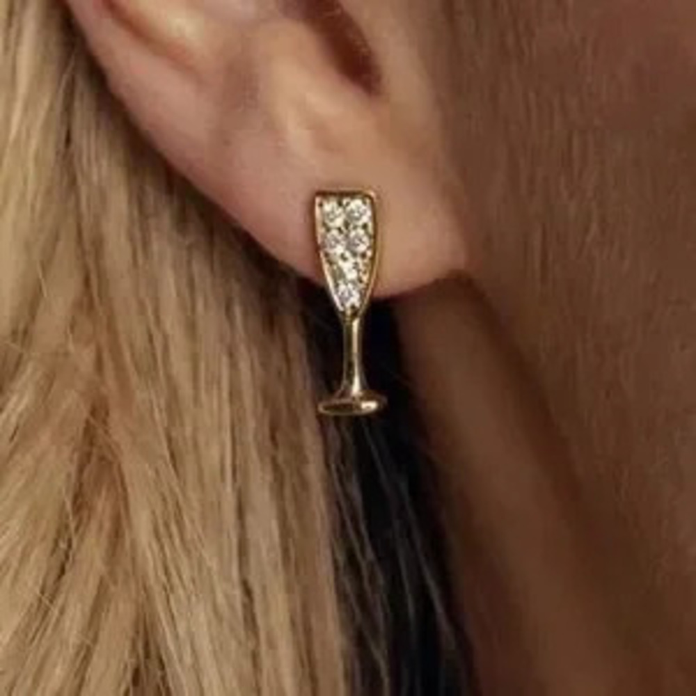 Gold Champagne Glass CZ Pave Stud Earrings (9703)